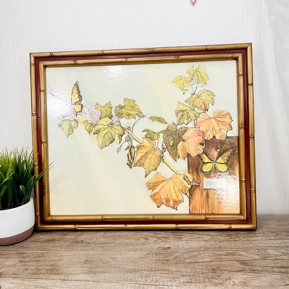 Retro Vtg JONI EARECKSON "New Life" Monarch Butterfly on Board Framed Art Print